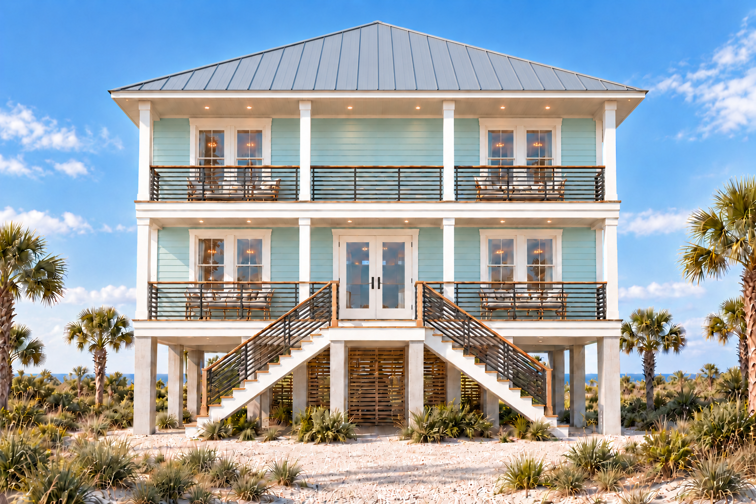 Seafoam island house with a metal roof, two open porches, and twin staircases surrounded by palms